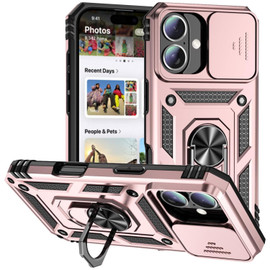 Military Grade Hybrid Case with Ring Grip and Camera Lens Protector for iPhone 16 - Rose Gold