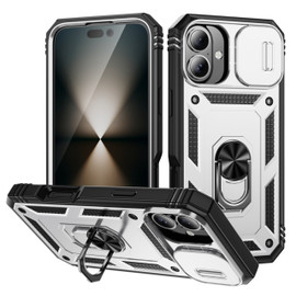 Military Grade Hybrid Case with Ring Grip and Camera Lens Protector for iPhone 16 - Silver