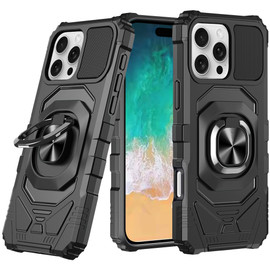 Military Grade Robotic Series Hybrid Case with Ring Grip for iPhone 16 Pro - Black