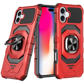 Military Grade Robotic Series Hybrid Case with Ring Grip for iPhone 16 Plus - Red