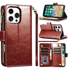 Leather Wallet Case with Zipper Pocket for iPhone 16 Pro Max - Brown