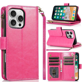 Leather Wallet Case with Zipper Pocket for iPhone 16 Pro Max - Hot Pink