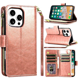 Leather Wallet Case with Zipper Pocket for iPhone 16 Pro Max - Rose Gold