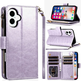 Leather Wallet Case with Zipper Pocket for iPhone 16 - Lavender