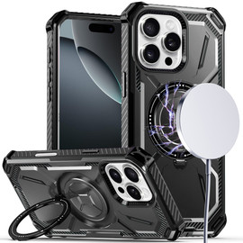 Military Grade MagSafe Hybrid Case with Rotating Kickstand for iPhone 16 Pro Max - Black