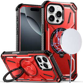 Military Grade MagSafe Hybrid Case with Rotating Kickstand for iPhone 16 Pro Max - Red