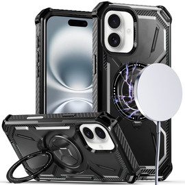 Military Grade MagSafe Hybrid Case with Rotating Kickstand for iPhone 16 - Black