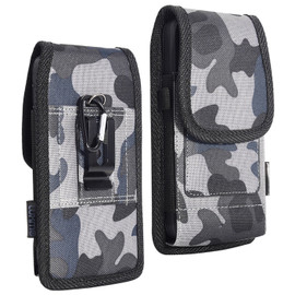 Ballistic Nylon Vertical Hip Pouch Phone Case with Carabiner Clip (6.5 inch & Above Screen Size) - Grey Camouflage