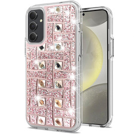 Diamond Encrusted Hybrid Case for Samsung Galaxy S25 Plus - Basketweave Rose Gold