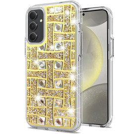 Diamond Encrusted Hybrid Case for Samsung Galaxy S25 - Basketweave Gold