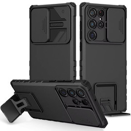 Military Grade Camera Privacy Cover Hybrid Case with Kickstand for Samsung Galaxy S25 Ultra - Black