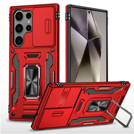 Military Grade Ring Holder Case with Camera Lens Cover for Samsung Galaxy S25 Ultra - Red
