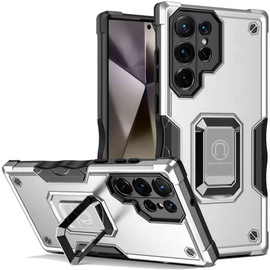 Military Grade Shockproof Hybrid Armor Case with Ring Grip for Samsung Galaxy S25 Ultra - Silver