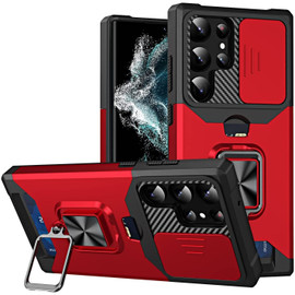 Military Grade All-In-One Ring Stand Card Case for Samsung Galaxy S25 Ultra - Red