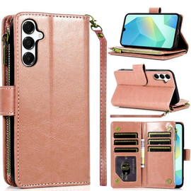 Leather Wallet Case with Zipper Pocket for Samsung Galaxy S25 Plus - Rose Gold