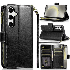 Leather Wallet Case with Zipper Pocket for Samsung Galaxy S25 - Black