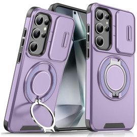Dual Layer MagSafe Case with Rotating Stand and Privacy Camera Cover for Samsung Galaxy S25 Ultra - Purple