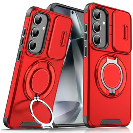 Dual Layer MagSafe Case with Rotating Stand and Privacy Camera Cover for Samsung Galaxy S25 Plus - Red