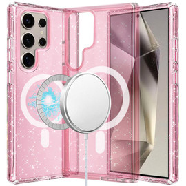 Crystal Glitter Fusion Case with MagSafe Magnetic Ring for Samsung Galaxy S25 Ultra - Pink