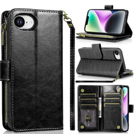 Leather Wallet Case with Zipper Pocket for iPhone 16e - Black