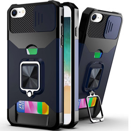 Military Grade All-In-One Ring Stand Card Case for iPhone 16e - Blue