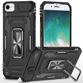 Military Grade Ring Holder Case with Camera Lens Cover for iPhone 16e - Black
