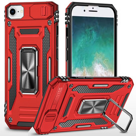 Military Grade Ring Holder Case with Camera Lens Cover for iPhone 16e - Red