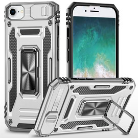 Military Grade Ring Holder Case with Camera Lens Cover for iPhone 16e - Silver
