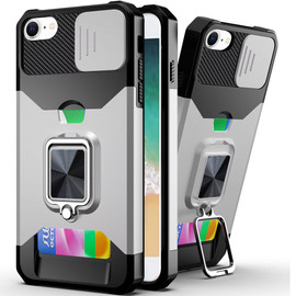 Military Grade All-In-One Ring Stand Card Case for iPhone 16e - Silver
