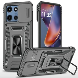 Military Grade Ring Holder Case with Camera Lens Cover for Motorola Moto G 2025 - Grey