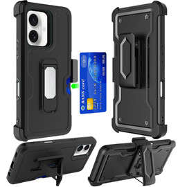 Military Grade Ultra Rugged Hybrid Kickstand Case with Card Slot and Belt Clip Holster for iPhone 16 Plus - Black