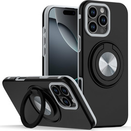 Circular Series Hybrid Case with Rotating Ring Stand for iPhone 16 Pro Max - Black