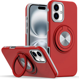Circular Series Hybrid Case with Rotating Ring Stand for iPhone 16 Plus - Red