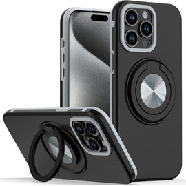 Circular Series Hybrid Case with Rotating Ring Stand for iPhone 15 Pro Max - Black