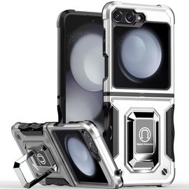 Military Grade Shockproof Hybrid Armor Case with Ring Grip for Samsung Galaxy Z Flip 6 - Silver