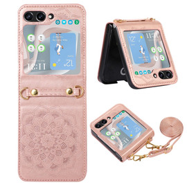 Mandala Flower Leather Protective Cover with Strap for Samsung Galaxy Z Flip 6 - Rose Gold