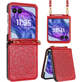 Mandala Flower Leather Protective Cover with Strap for Motorola Razr Plus 2024 - Red