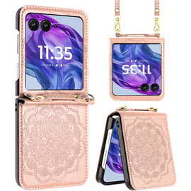 Mandala Flower Leather Protective Cover with Strap for Motorola Razr Plus 2024 - Rose Gold