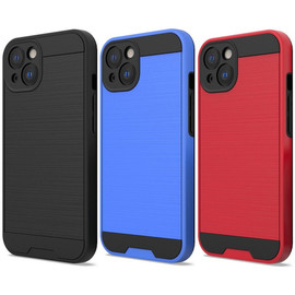 VALUE 3-PACK Brushed Metal Textured Hybrid Armor Case for iPhone 15 - Black Blue Red