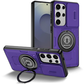 Optics Armor Hybrid Case with Rotating Ring Stand and Privacy Camera Lens Cover for Samsung Galaxy S25 Ultra - Purple