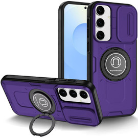 Optics Armor Hybrid Case with Rotating Ring Stand and Privacy Camera Lens Cover for Samsung Galaxy S25 Plus - Purple