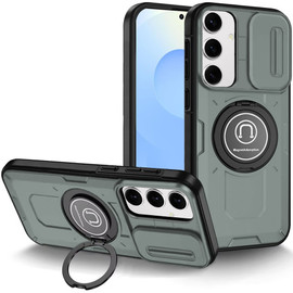 Optics Armor Hybrid Case with Rotating Ring Stand and Privacy Camera Lens Cover for Samsung Galaxy S25 - Grey