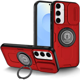 Optics Armor Hybrid Case with Rotating Ring Stand and Privacy Camera Lens Cover for Samsung Galaxy S25 - Red