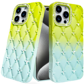 Floral Joy Diamond Crystal TPU Case for iPhone 15 Pro Max - Light Green Teal
