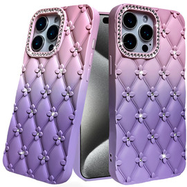 Floral Joy Diamond Crystal TPU Case for iPhone 15 Pro Max - Light Pink Purple