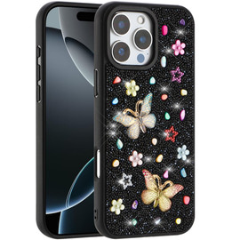 Butterfly Ornaments Diamond Hybrid Case for iPhone 16 Pro - Black