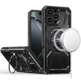 Military Grade MagSafe Hybrid Armor Case with Rotating Kickstand for iPhone 16 Pro - Black