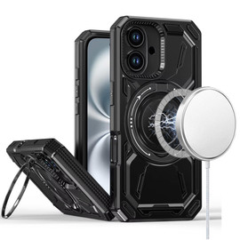 Military Grade MagSafe Hybrid Armor Case with Rotating Kickstand for iPhone 16 - Black