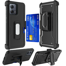 Military Grade Ultra Rugged Hybrid Kickstand Case with Card Slot and Belt Clip Holster for Motorola Moto G Power 2025 - Black