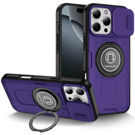 Optics Armor Hybrid Case with Rotating Ring Stand and Privacy Camera Lens Cover for iPhone 16 Pro Max - Purple